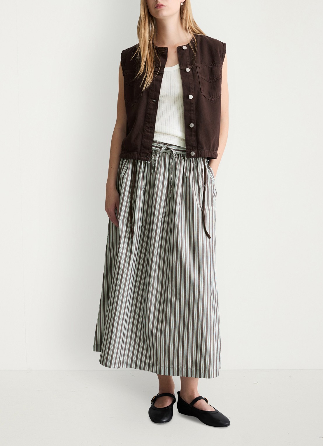 Marc O'Polo Denim Midi rok van katoen met streepprint en elastische band - voorkant 2 dark brown multi 02-1544 / bruin