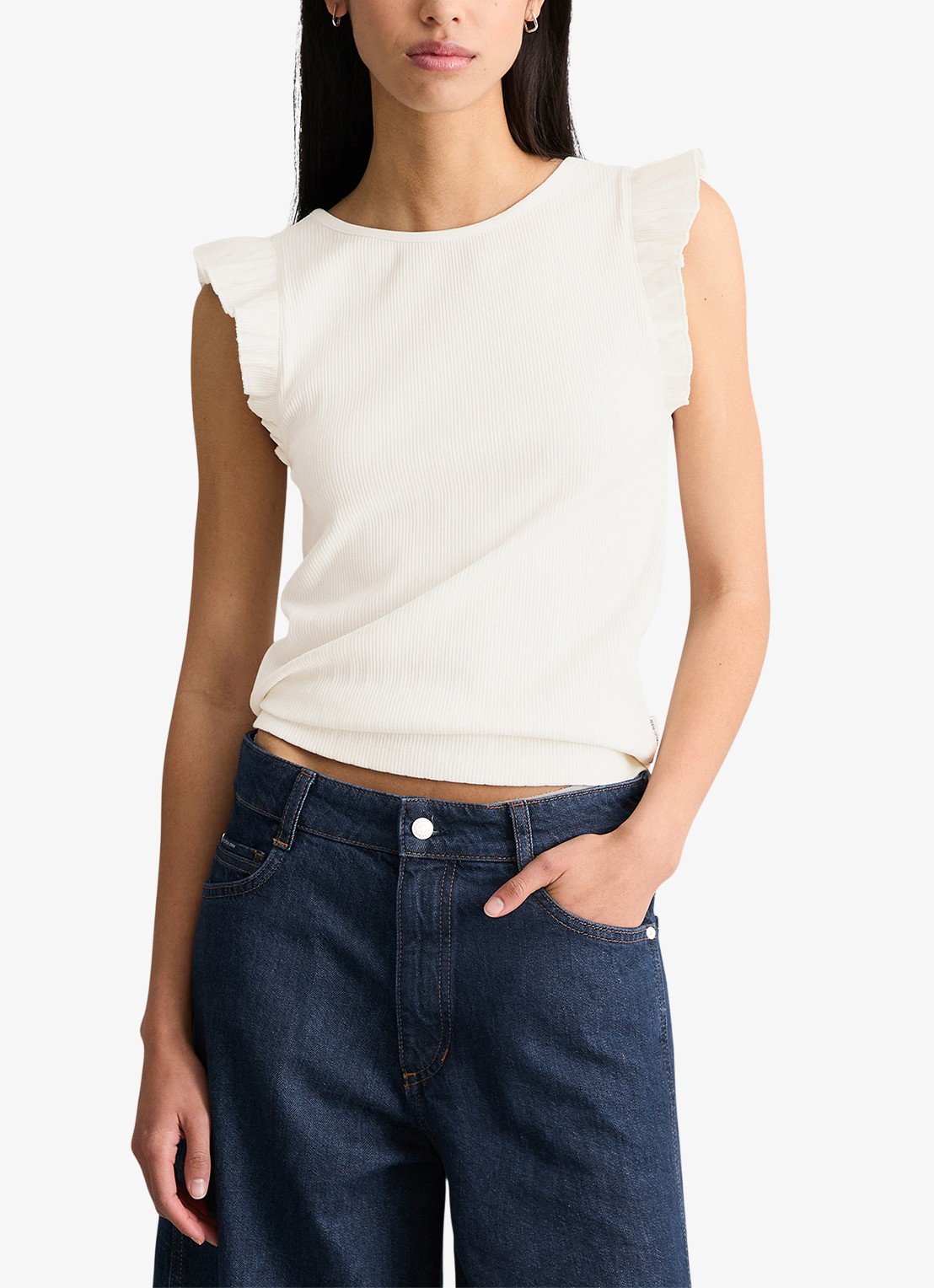 Marc O'Polo Denim Mouwloze top met ribstructuur - detail silky white-1183 / wit