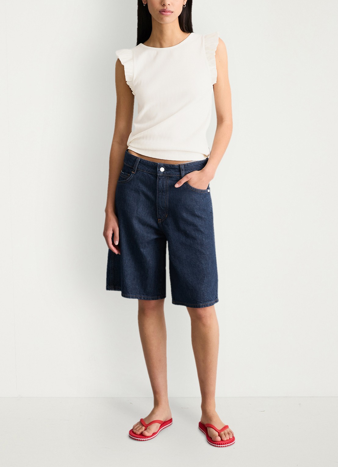 Marc O'Polo Denim Mouwloze top met ribstructuur - voorkant 5 silky white-1183 / wit