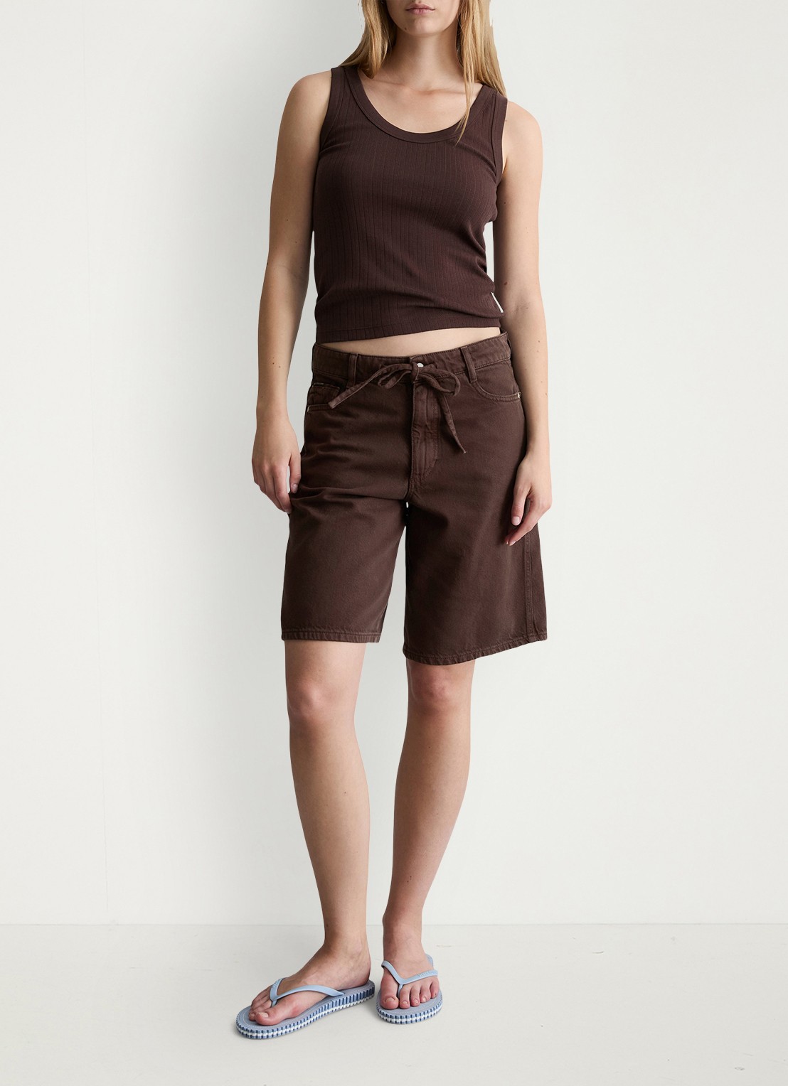 Marc O'Polo Denim Pointelle tank top van katoen - voorkant 2 burnt aubergine-6929 / paars