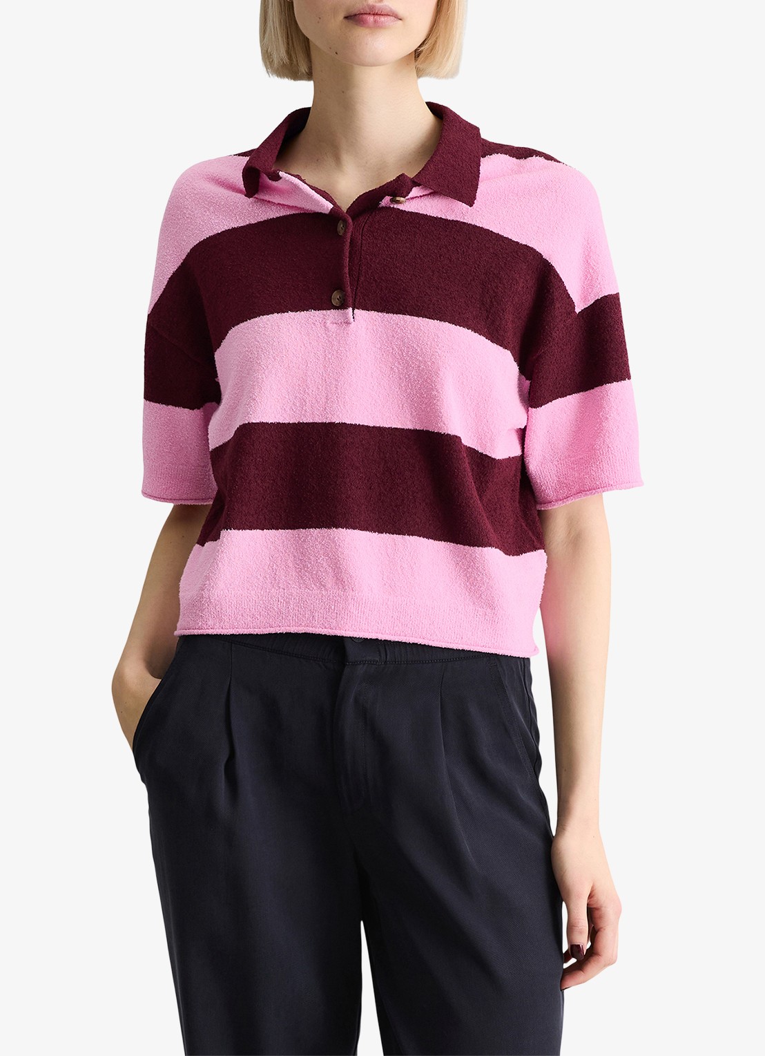 Marc O'Polo Denim Polo met streepprint - detail 3 dark pink/7697