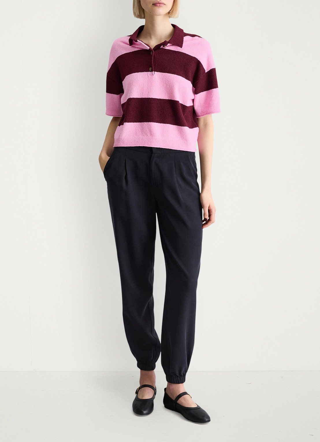 Marc O'Polo Denim Polo met streepprint - voorkant 2 dark pink/7697