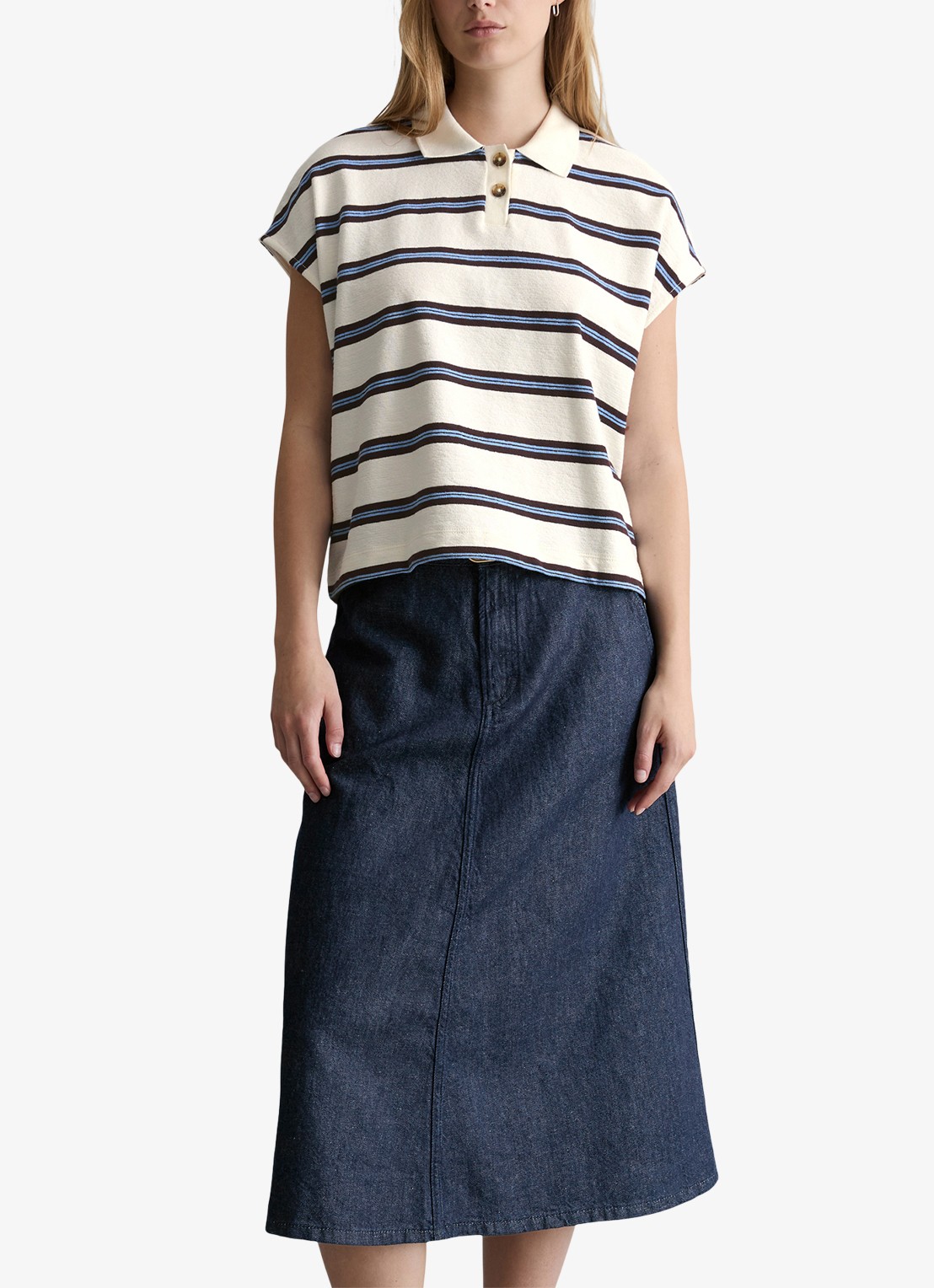 Marc O'Polo Denim  Polo met streepprint - detail 2 offwhite multi 01-1257 / wit