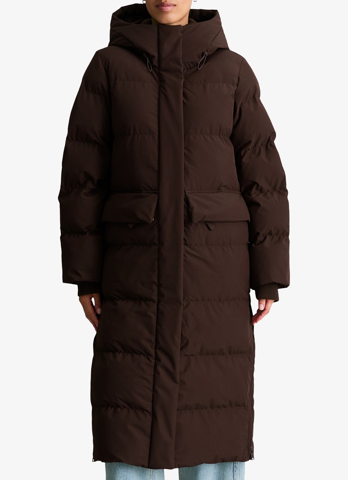 Marc O'Polo Denim Puffer jas met capuchon - detail donkerbruin