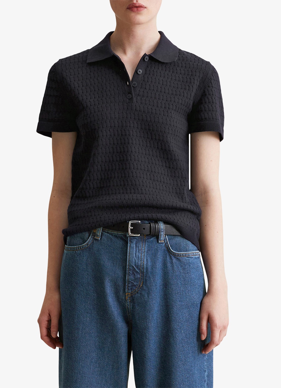 Marc O'Polo Denim Pullover van  katoen met structuur - detail 4 donkerblauw