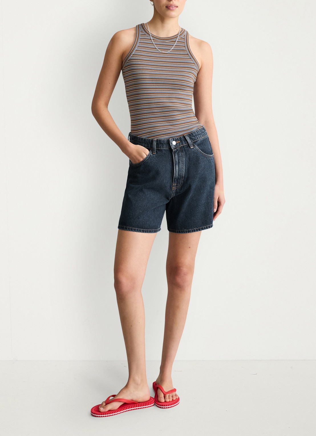 Marc O'Polo Denim Ribgebreide tanktop met streepprint - voorkant 3 medium brownmulti02-1838 / bruin