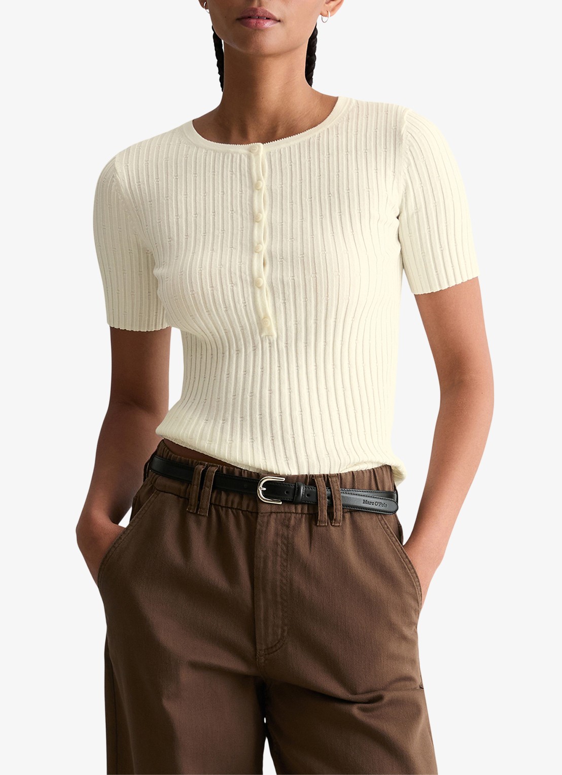 Marc O'Polo Denim Ribgebreide trui met knopen - detail creme