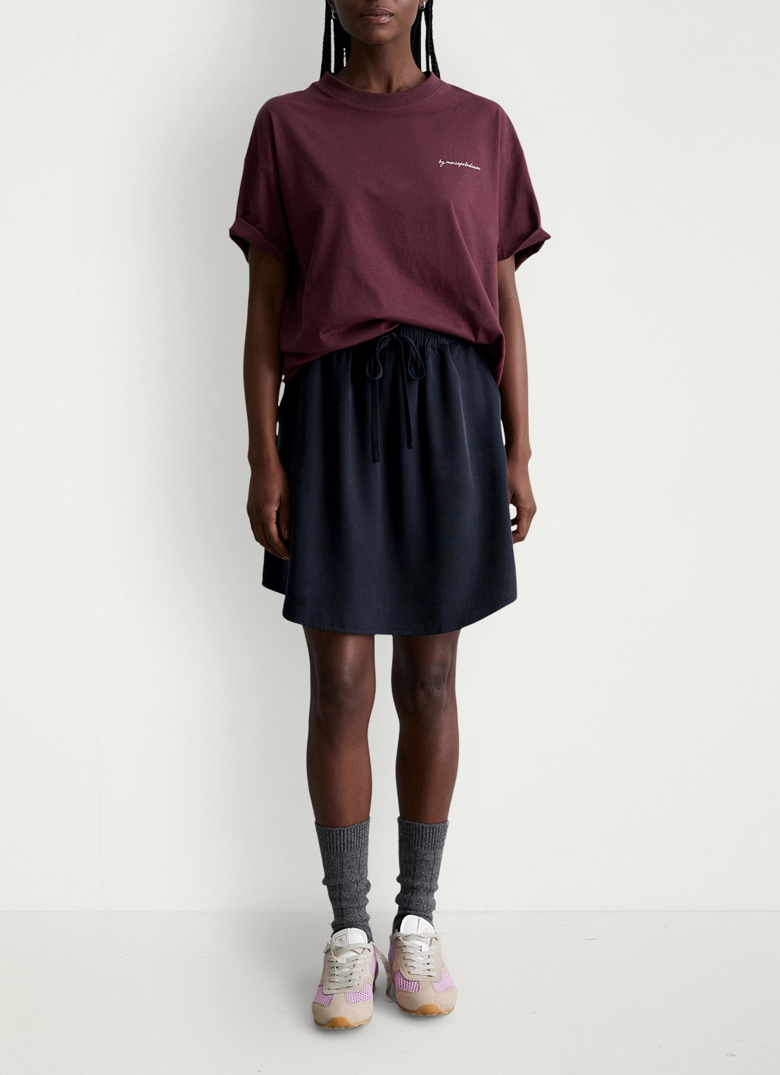 Marc O'Polo Denim T-shirt met logo- en backprint - voorkant 5 merlot red/6932
