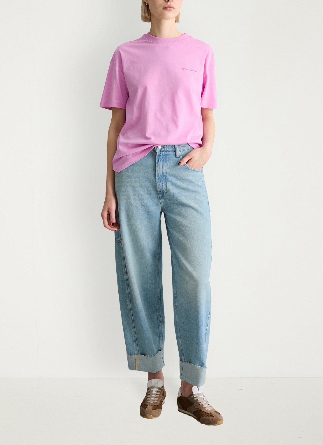 Marc O'Polo Denim T-shirt met logo- en backprint - voorkant 4 pale bubblegum/8205
