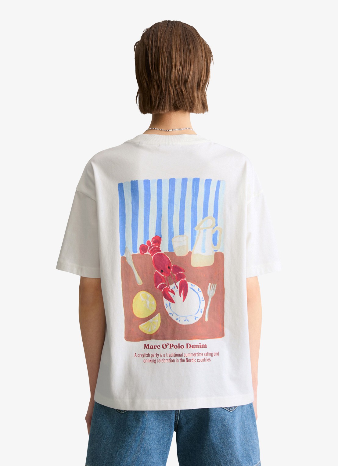 Marc O'Polo Denim T-shirt met logo- en backprint - achterkant donkerrood