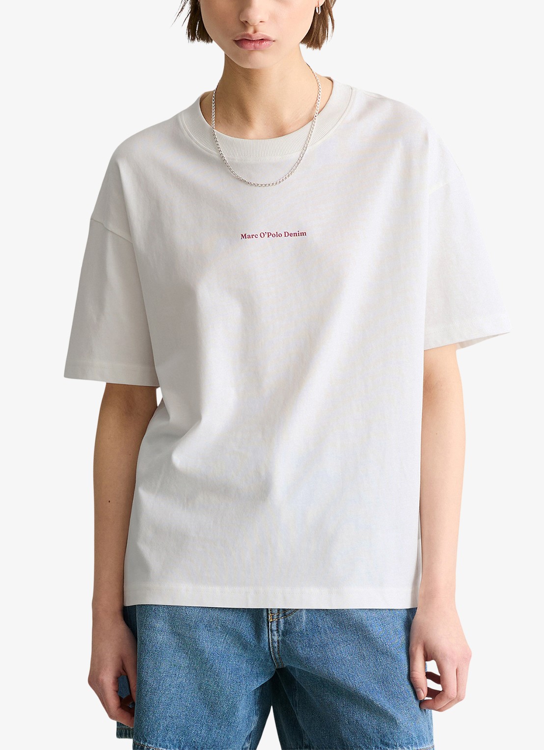 Marc O'Polo Denim T-shirt met logo- en backprint - detail 2 donkerrood
