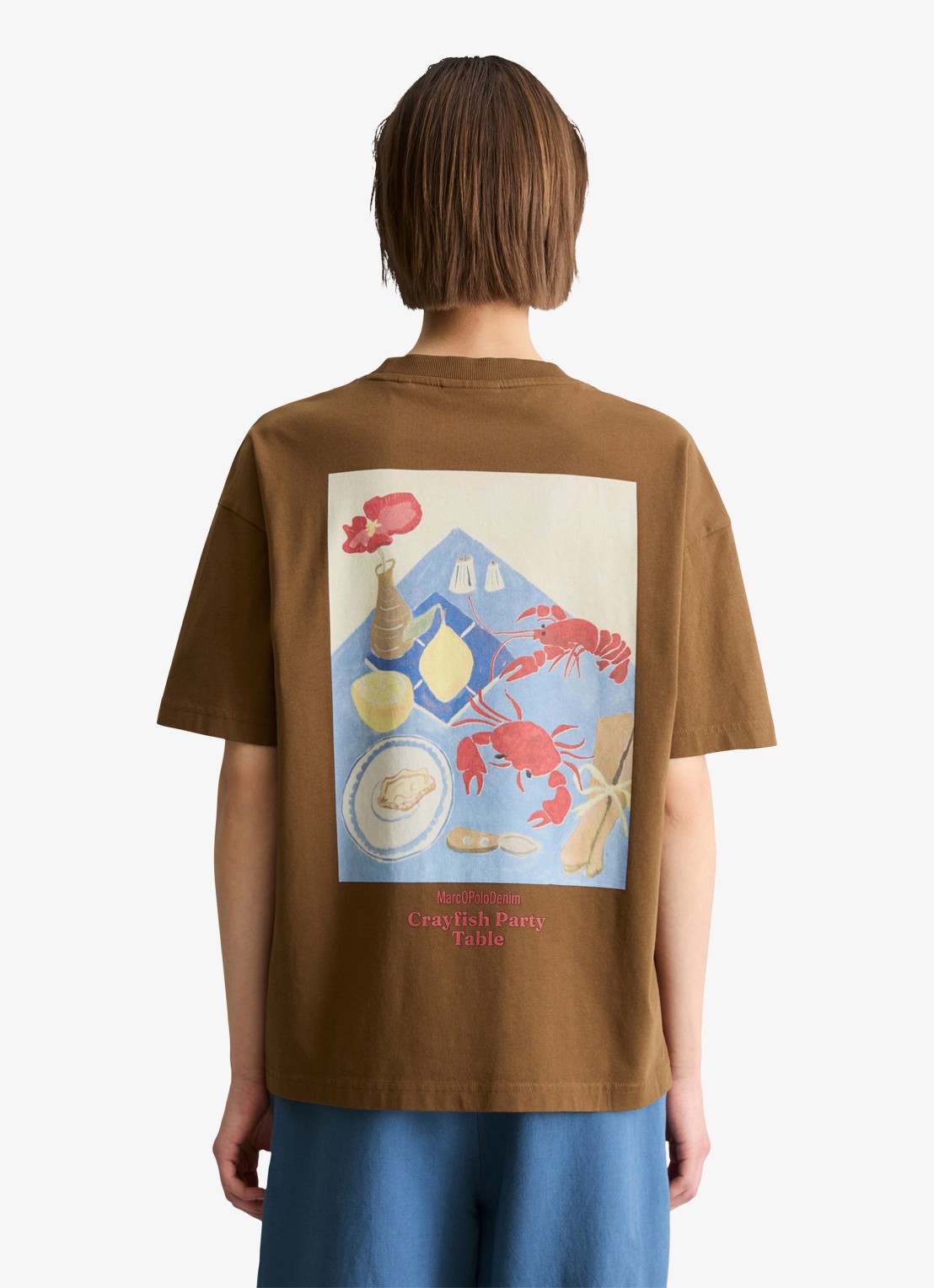 Marc O'Polo Denim T-shirt met logo- en backprint - achterkant 5 bruin