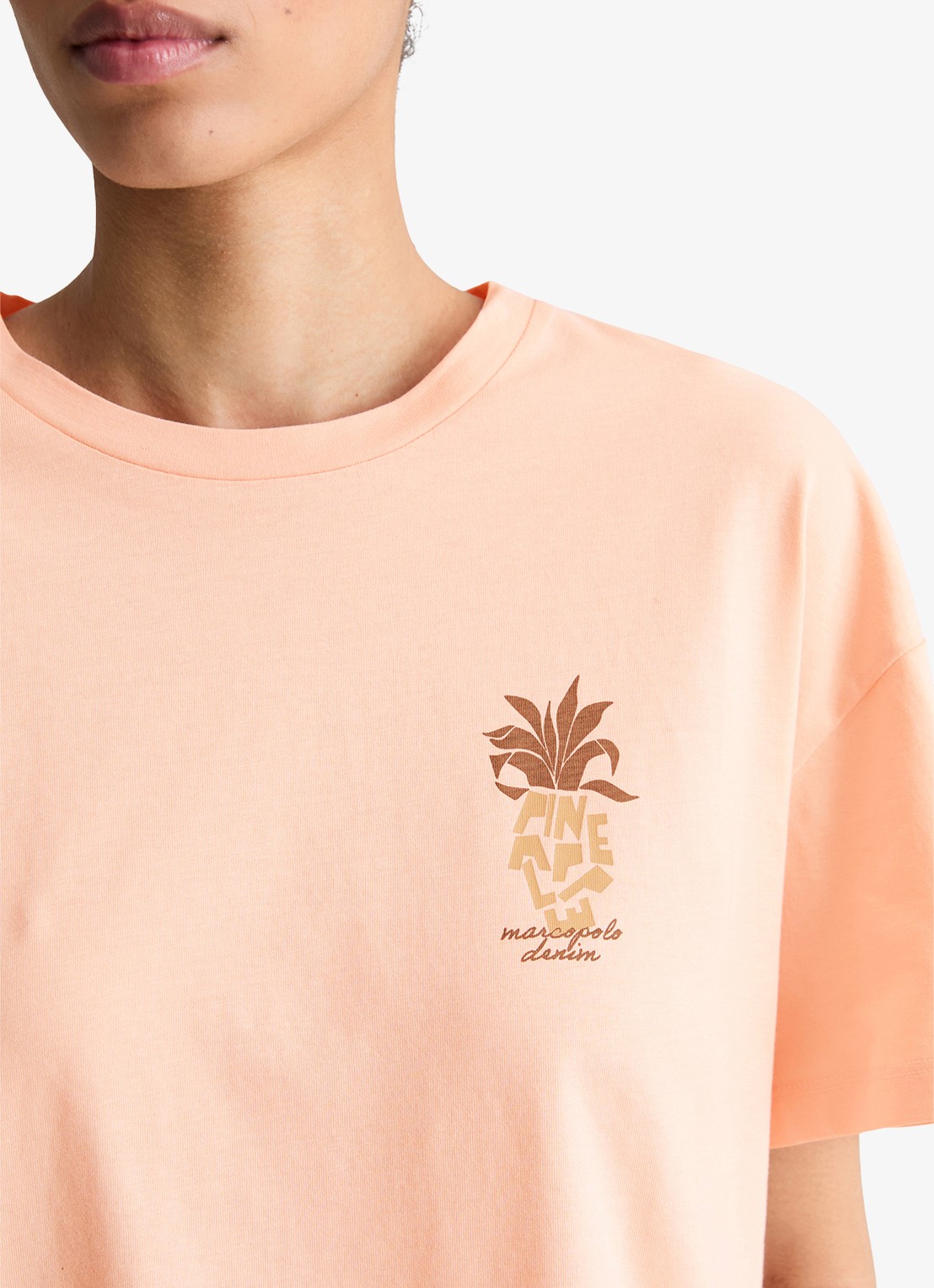 Marc O'Polo Denim T-shirt met logo en ronde hals  - detail 3 zalmroze