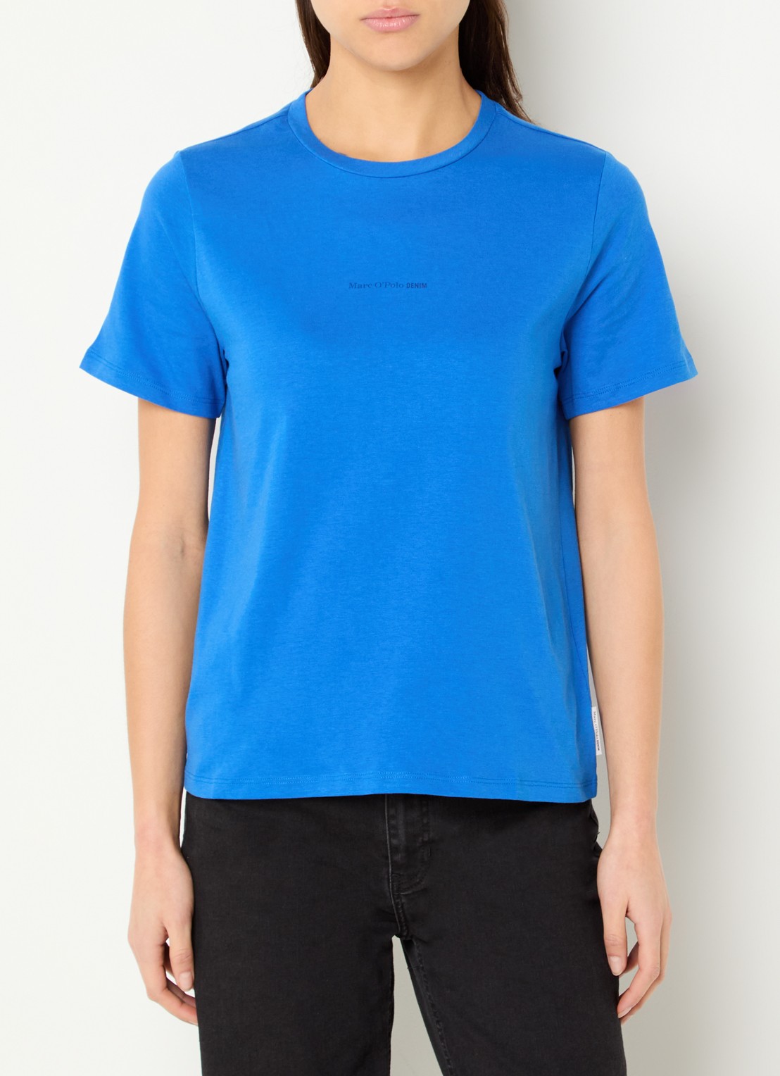 Marc O'Polo Denim T-shirt met logo - detail kobaltblauw