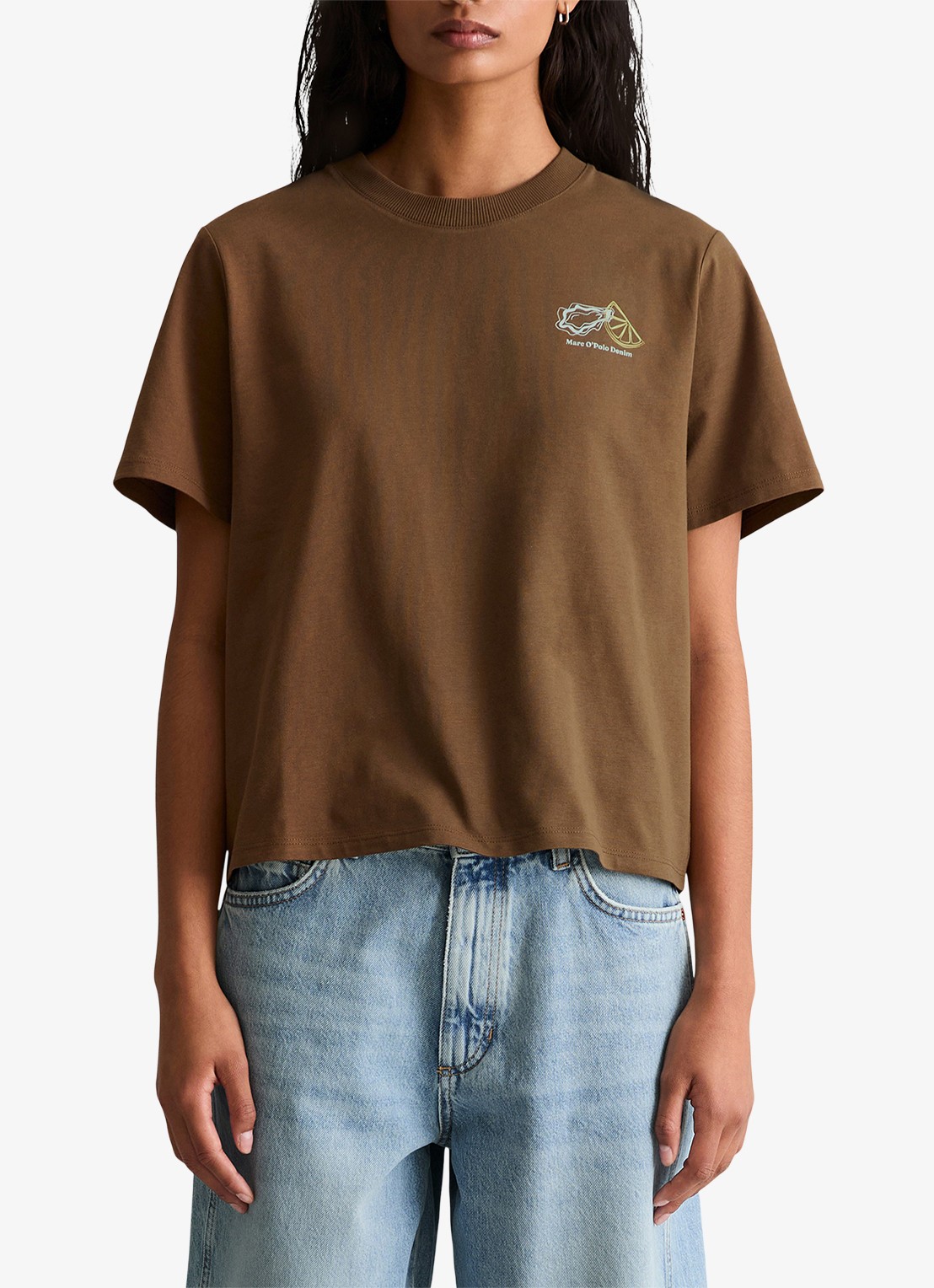 Marc O'Polo Denim T-shirt met logo - detail 4 umbra brown-1624 / bruin