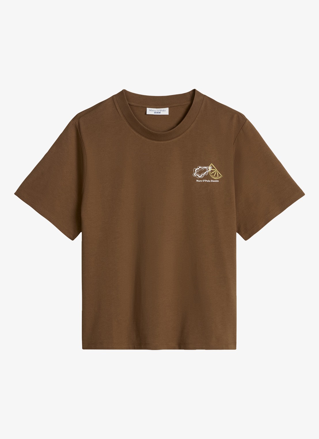 Marc O'Polo Denim T-shirt met logo - voorkant 2 umbra brown-1624 / bruin