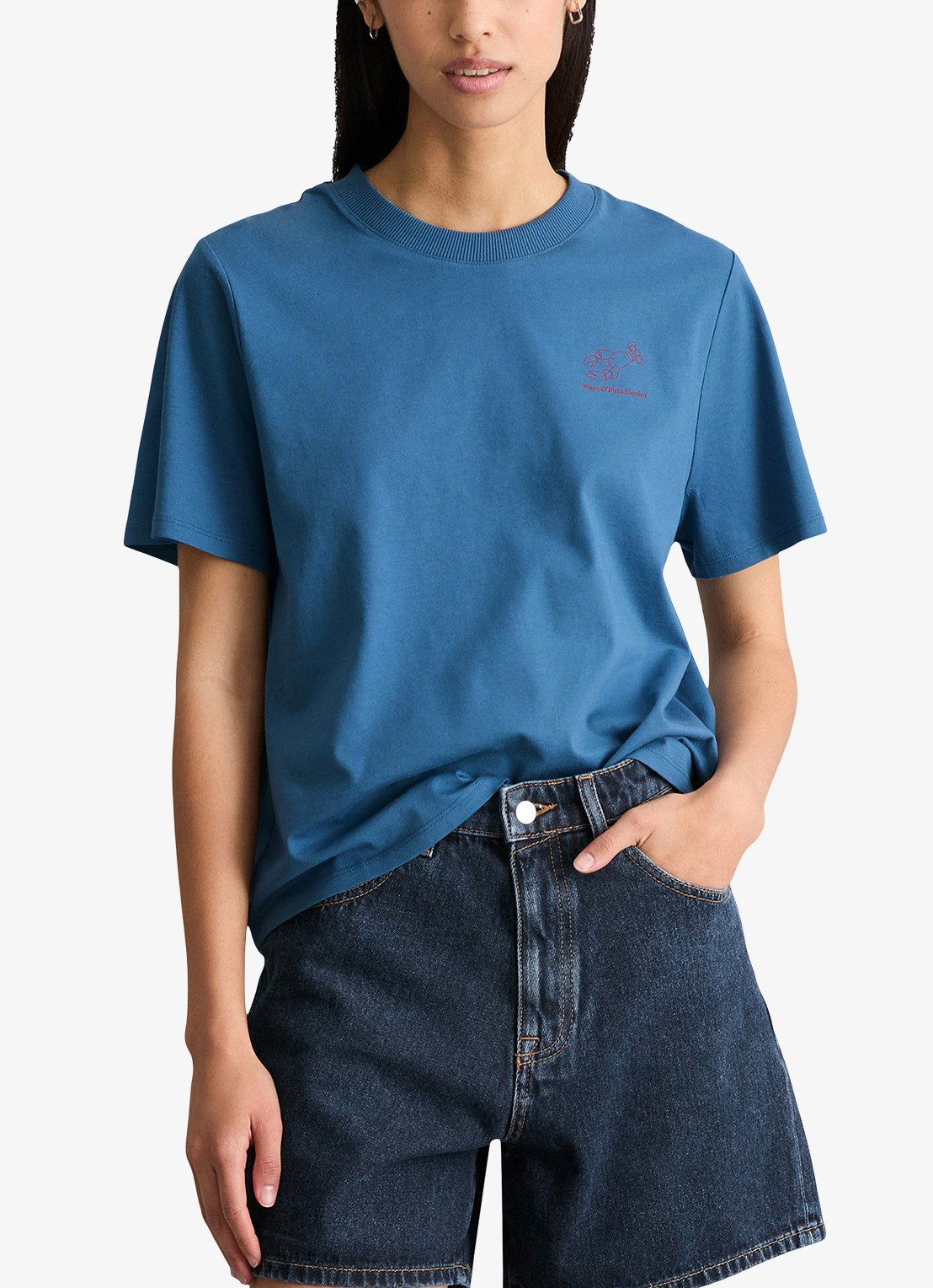 Marc O'Polo Denim T-shirt met logo - detail medium blue 4671-4671 / blauw