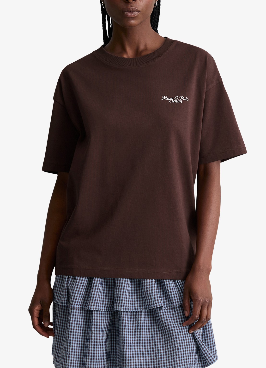 Marc O'Polo Denim T-shirt met logo - detail 2 burnt aubergine-6929 / paars