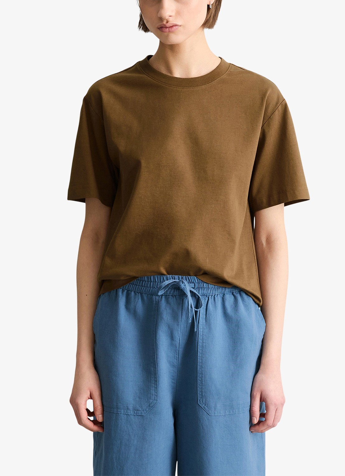 Marc O'Polo Denim T-shirt met ronde hals - detail umbra brown-1624 / bruin