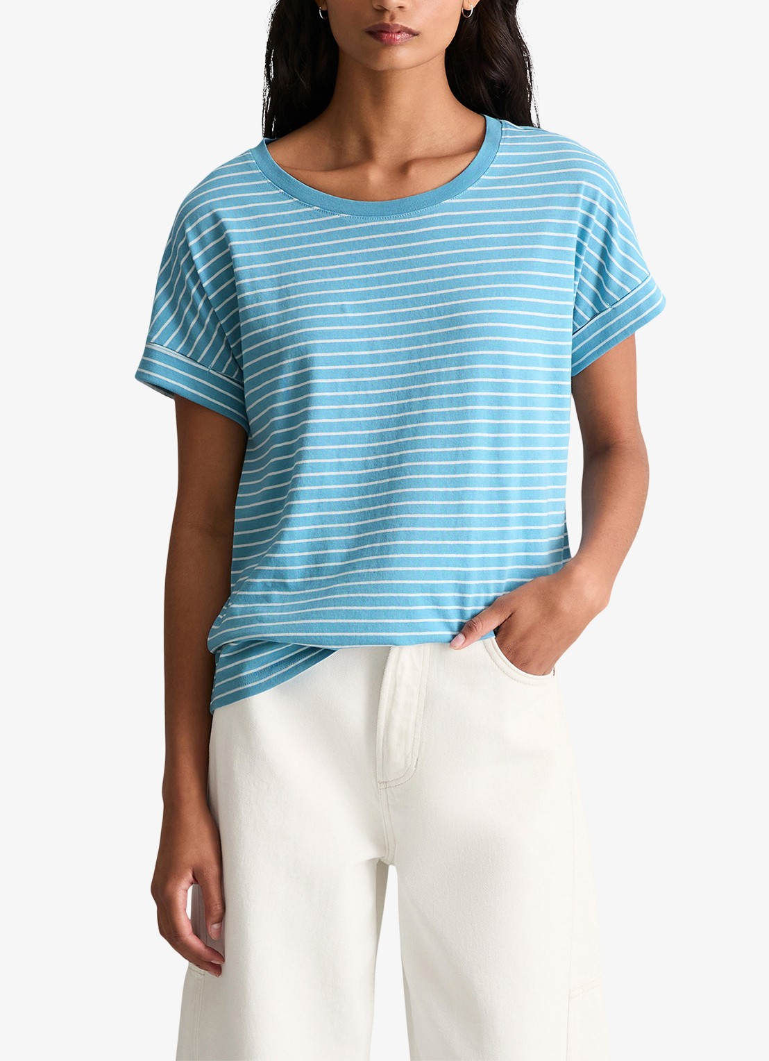 Marc O'Polo Denim T-shirt met streepprint en ronde hals - detail 3 light blue/5700
