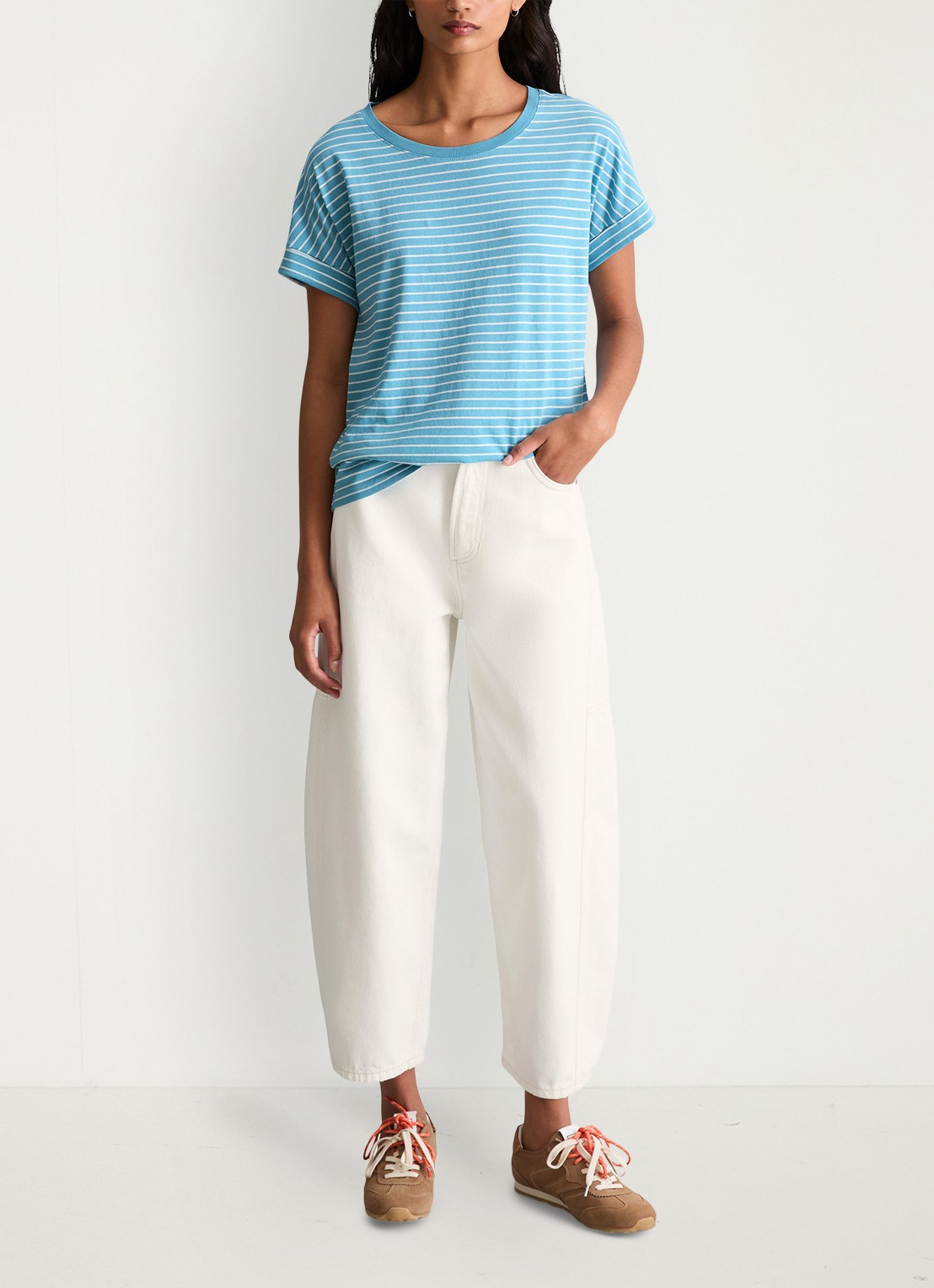 Marc O'Polo Denim T-shirt met streepprint en ronde hals - voorkant 2 light blue/5700