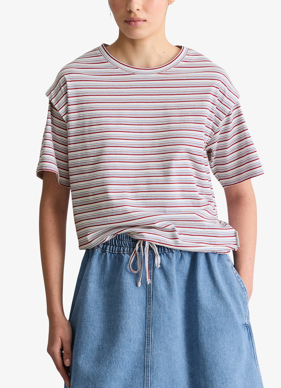 Marc O'Polo Denim T-shirt met streepprint en trekkoord - detail 2 white 01-0215 / rood