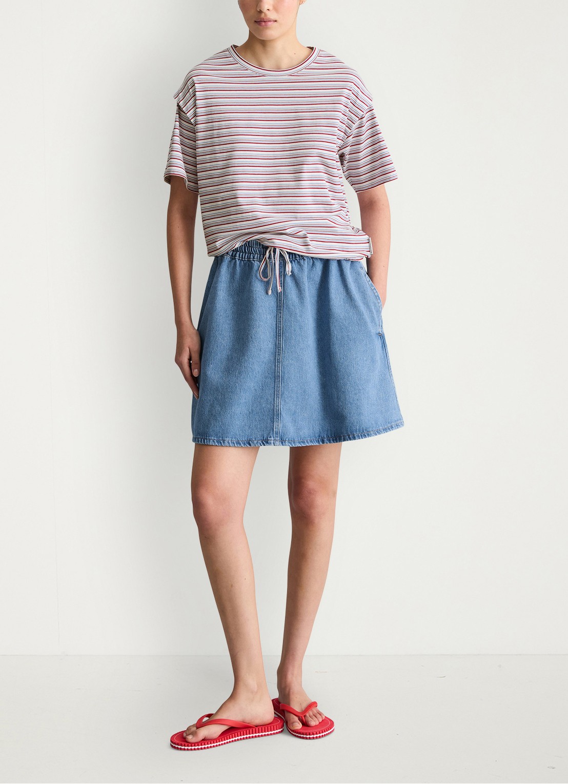 Marc O'Polo Denim T-shirt met streepprint en trekkoord - voorkant 5 white 01-0215 / rood