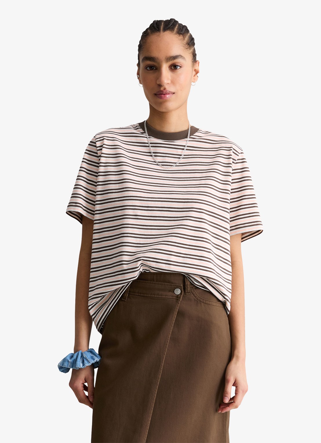 Marc O'Polo Denim T-shirt met streepprint  - detail bruin