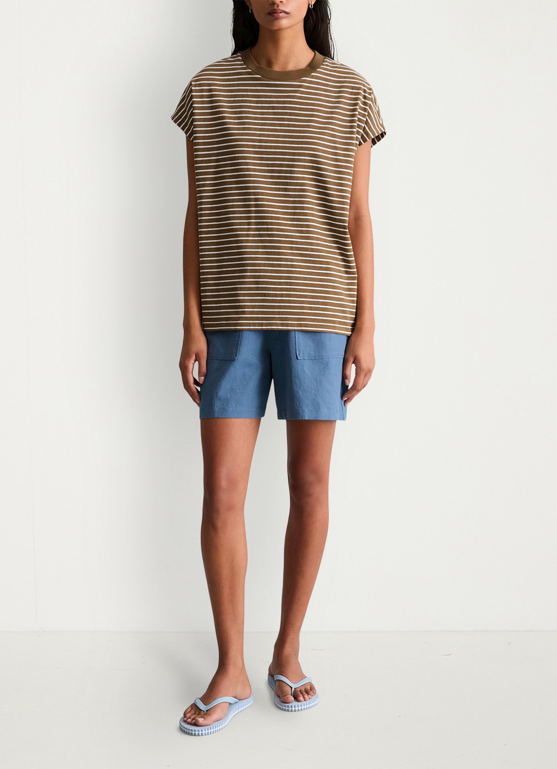 Marc O'Polo Denim T-shirt met streepprint - voorkant 4 medium brownmulti06-1842 / bruin