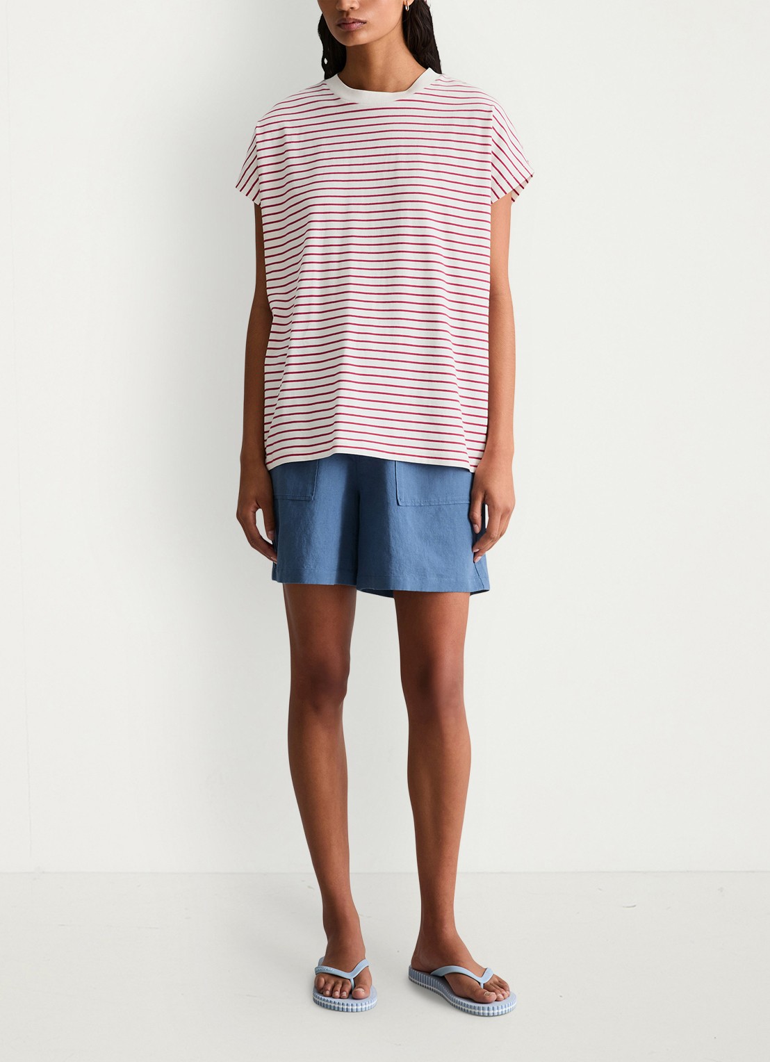 Marc O'Polo Denim T-shirt met streepprint - voorkant 2 dark redmulti02-7027 / rood