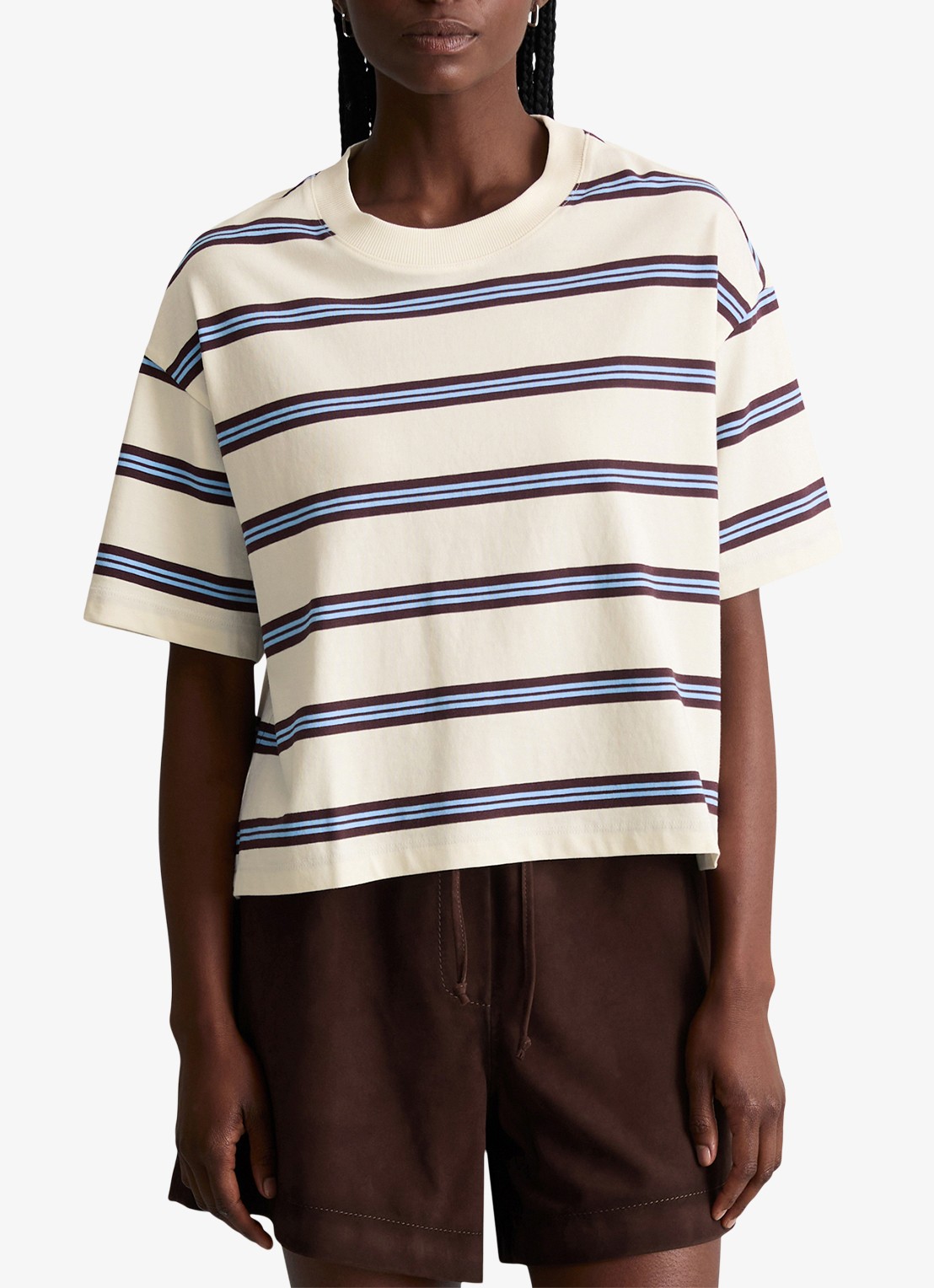 Marc O'Polo Denim T-shirt met streepprint - detail offwhite_multi_01-1257 / wit