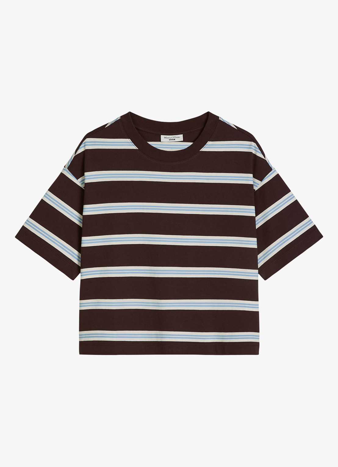 Marc O'Polo Denim T-shirt met streepprint - voorkant 3 dark brown_multi_02-1544 / bruin