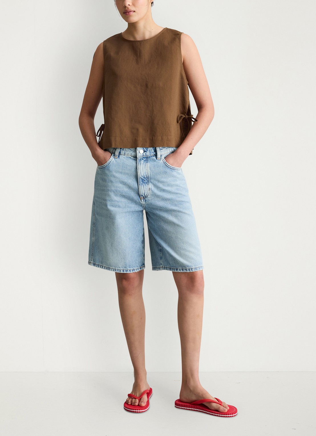 Marc O'Polo Denim Top met gestrikt detail - voorkant 5 umbra brown-1624 / bruin