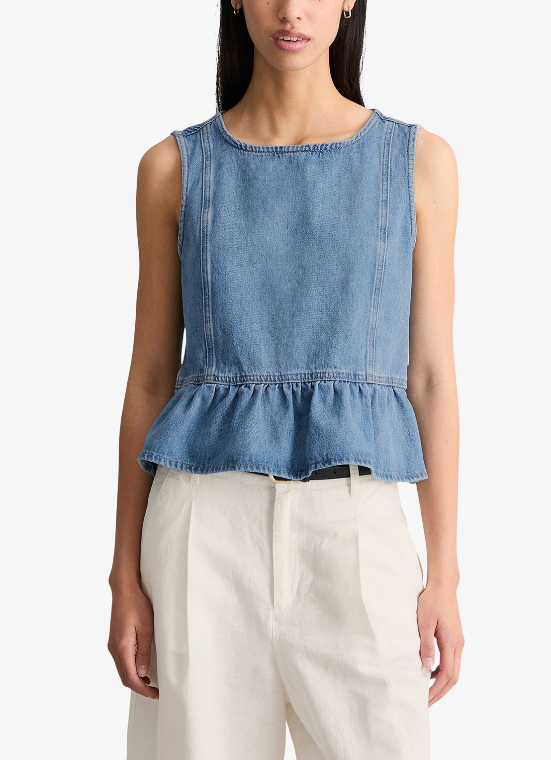 Marc O'Polo Denim Top van denim - detail medium blue 01-4928 / blauw