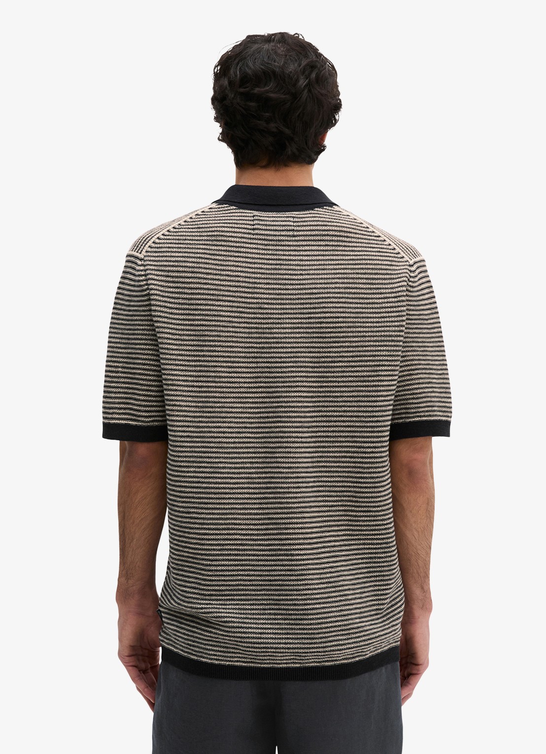 Marc O'Polo Fijngebreide polo in linnenblend met streepprint - achterkant 5 black-0093 / zwart