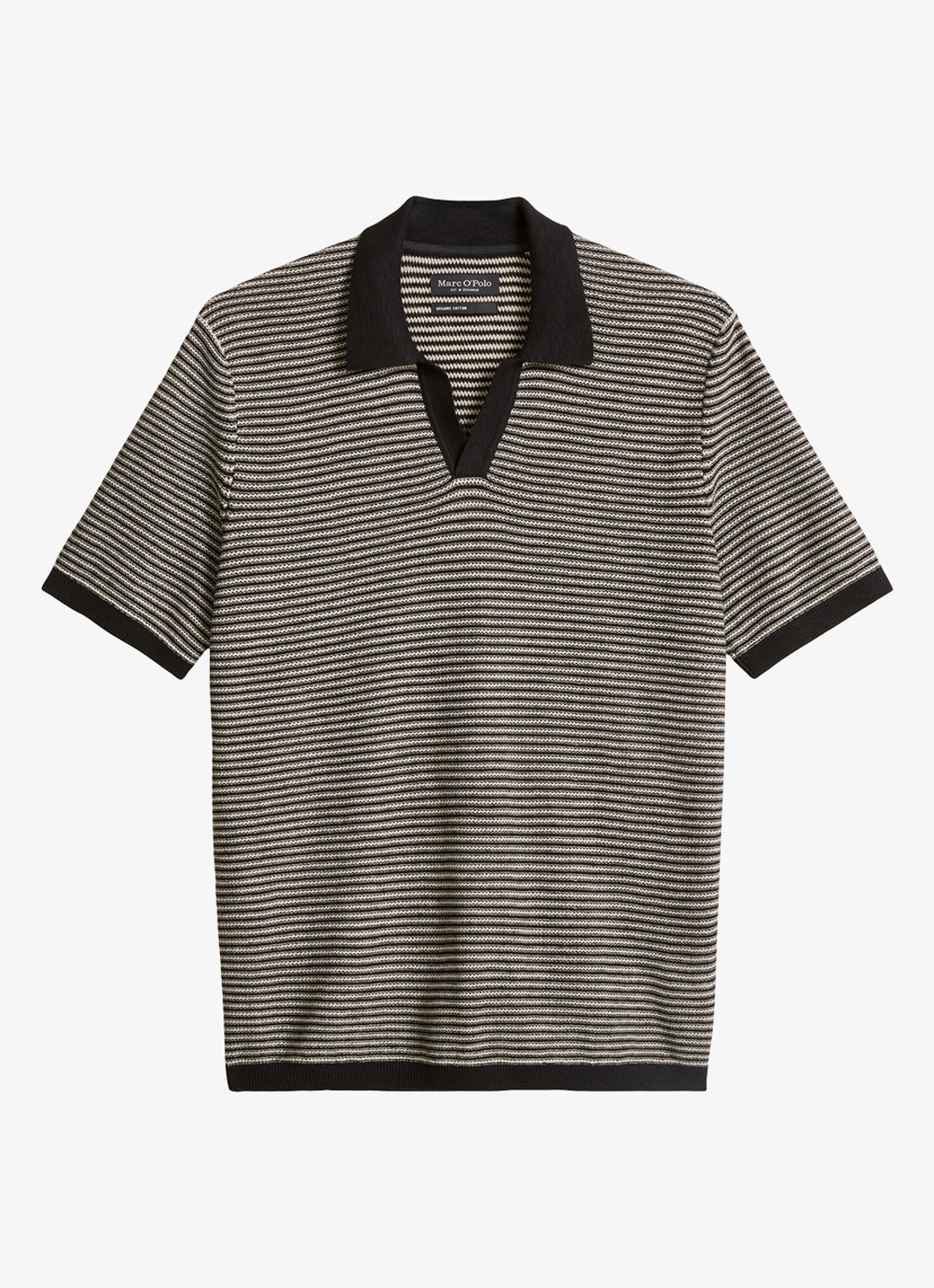 Marc O'Polo Fijngebreide polo in linnenblend met streepprint - voorkant 3 black-0093 / zwart