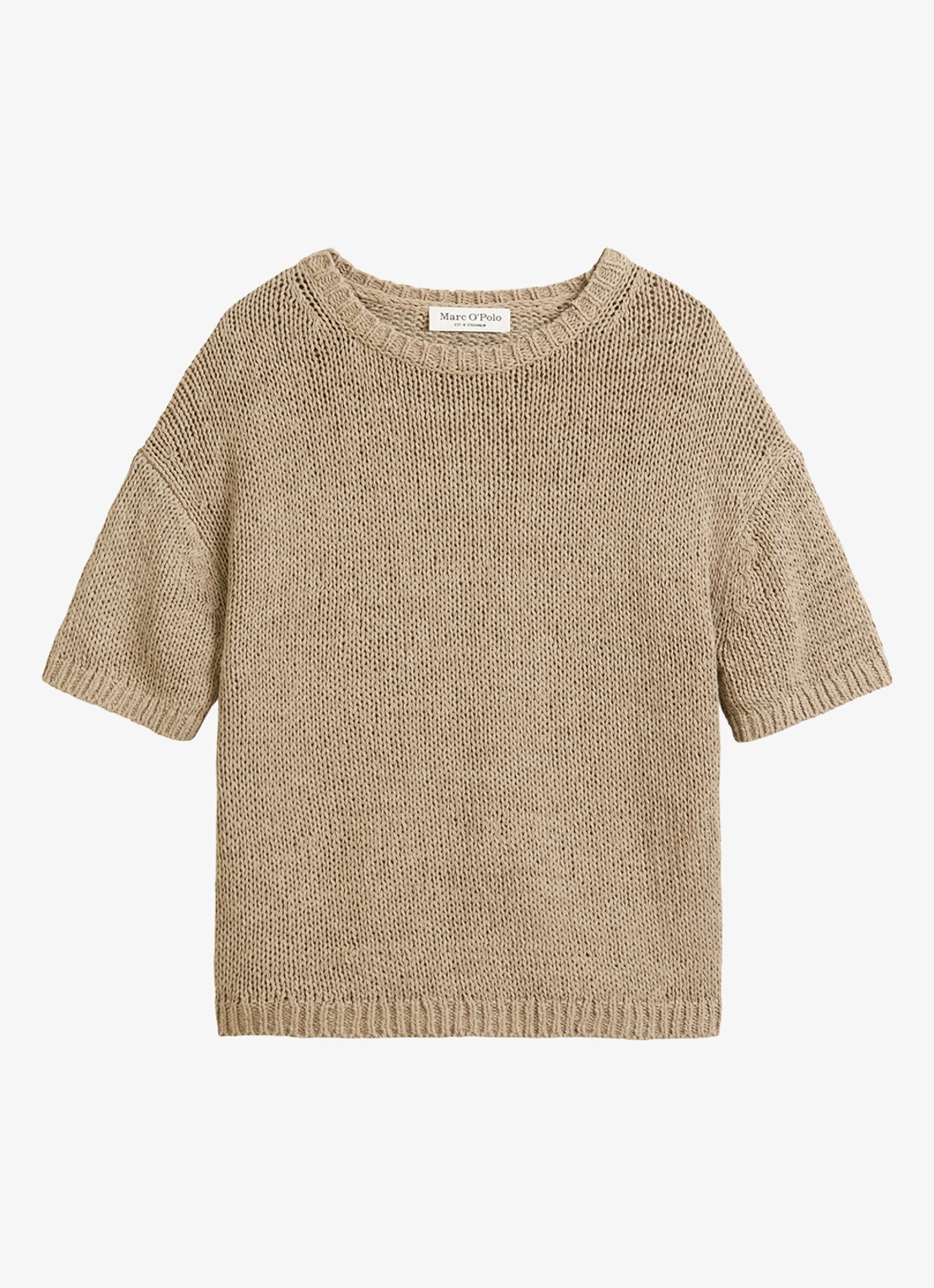 Marc O'Polo Fijngebreide pullover in  katoenblend met boothals - voorkant zand
