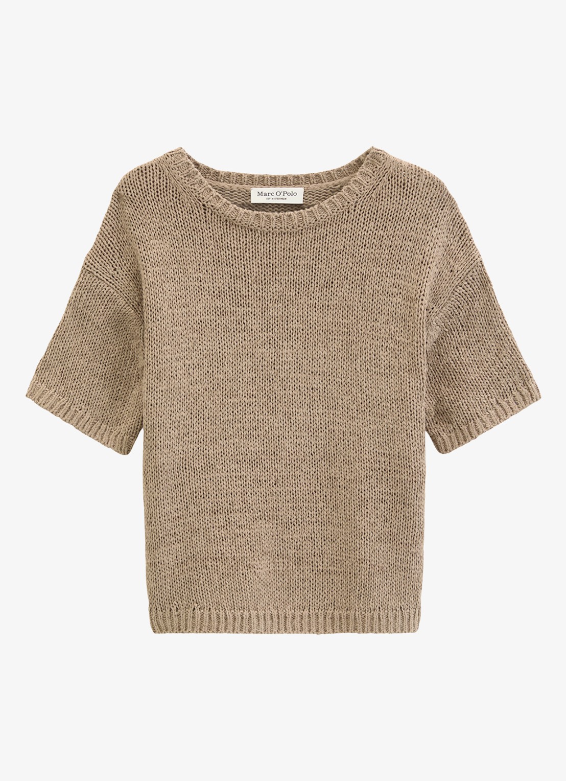 Marc O'Polo Fijngebreide pullover in  katoenblend met boothals - voorkant 2 taupe