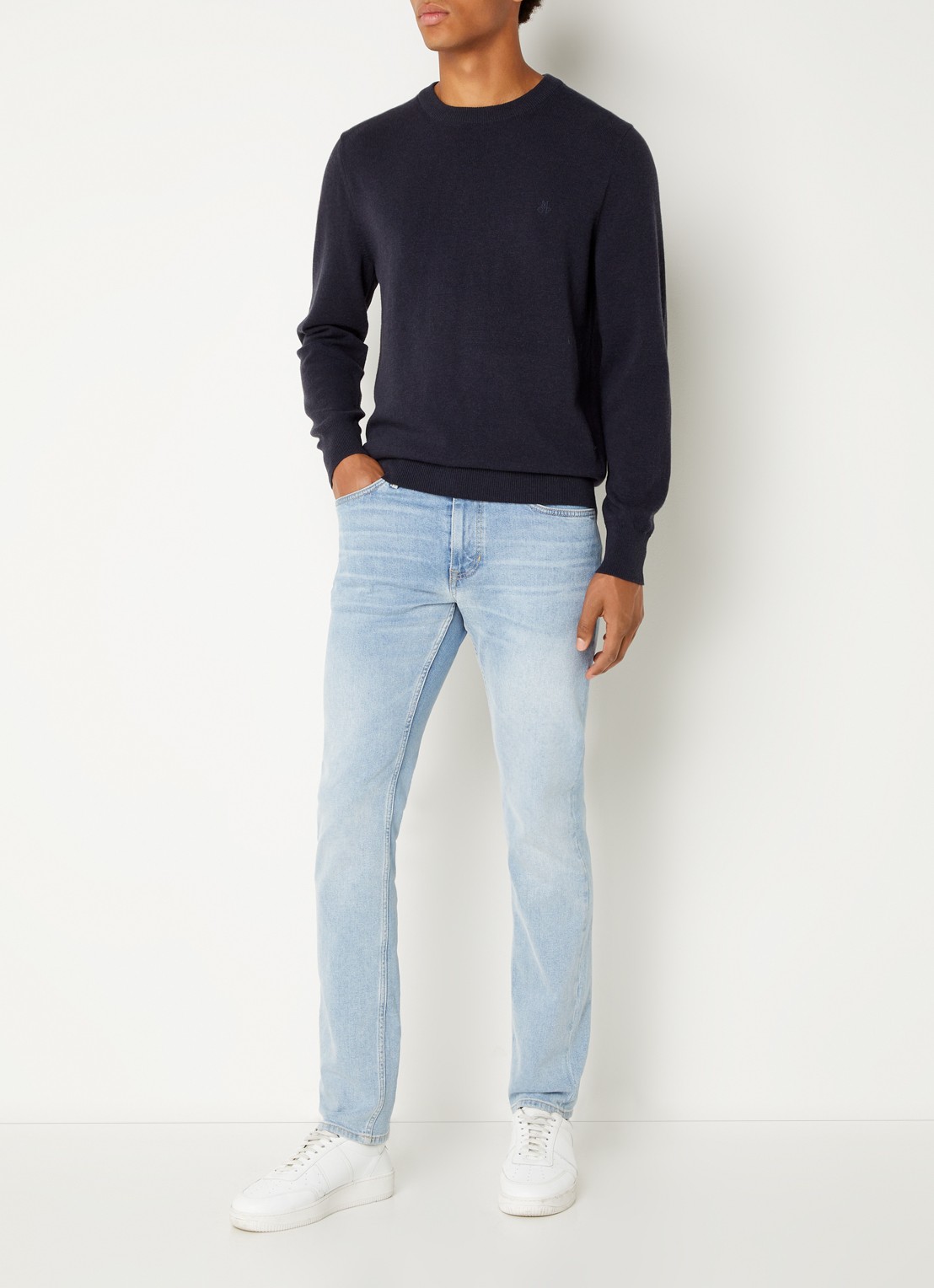 Marc O'Polo Fijngebreide pullover in scheerwolblend - voorkant 2 donkerblauw