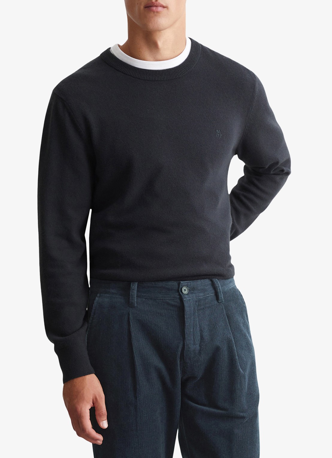 Marc O'Polo Fijngebreide pullover in scheerwolblend - detail 3 dark navy / donkerblauw