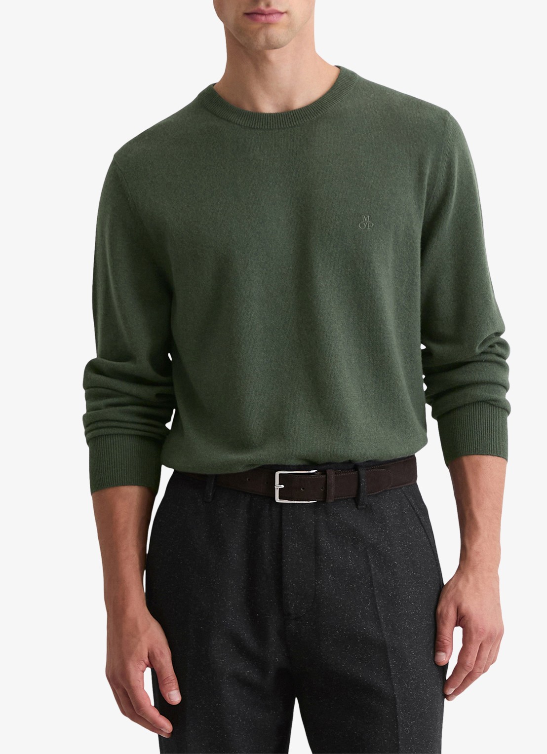 Marc O'Polo Fijngebreide pullover in scheerwolblend - detail mangroven / groen