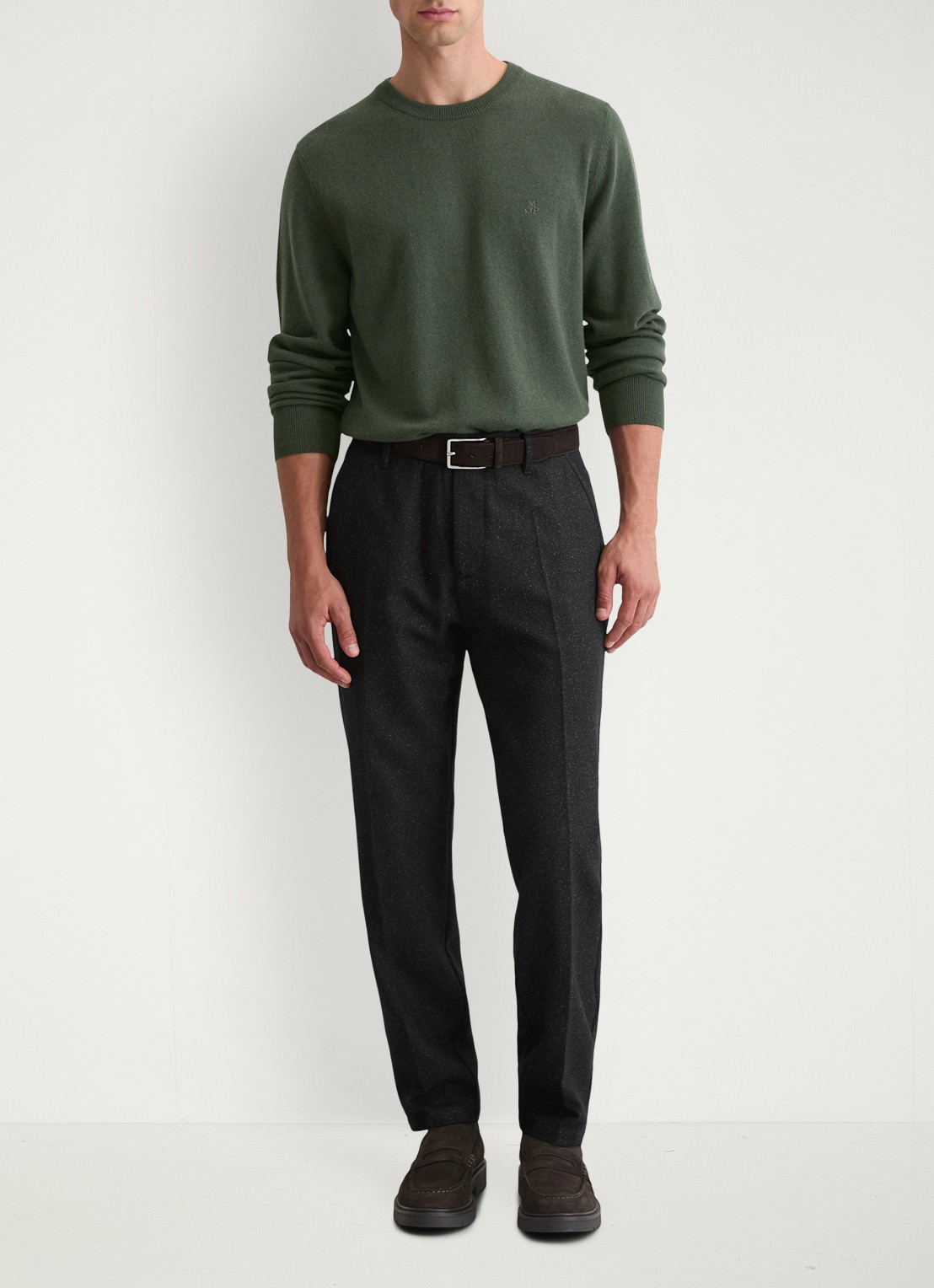 Marc O'Polo Fijngebreide pullover in scheerwolblend - voorkant 5 mangroven / groen