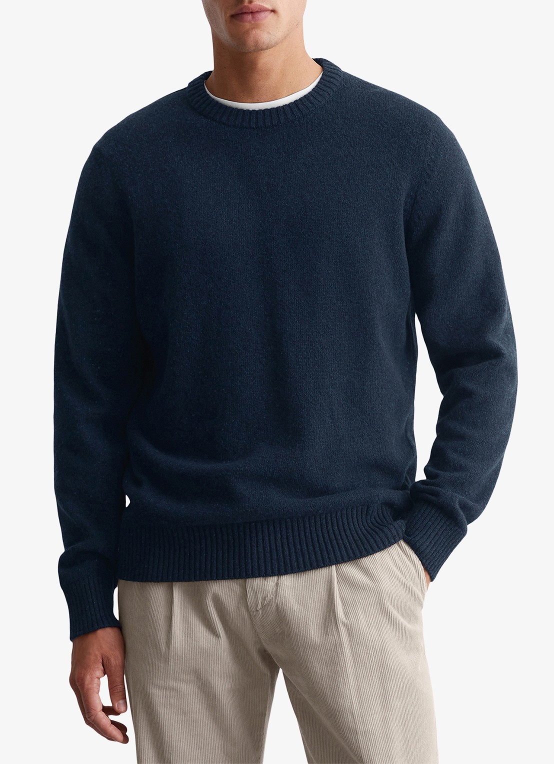 Marc O'Polo Fijngebreide pullover in wolblend met gemêleerd dessin - voorkant 3 donkerblauw