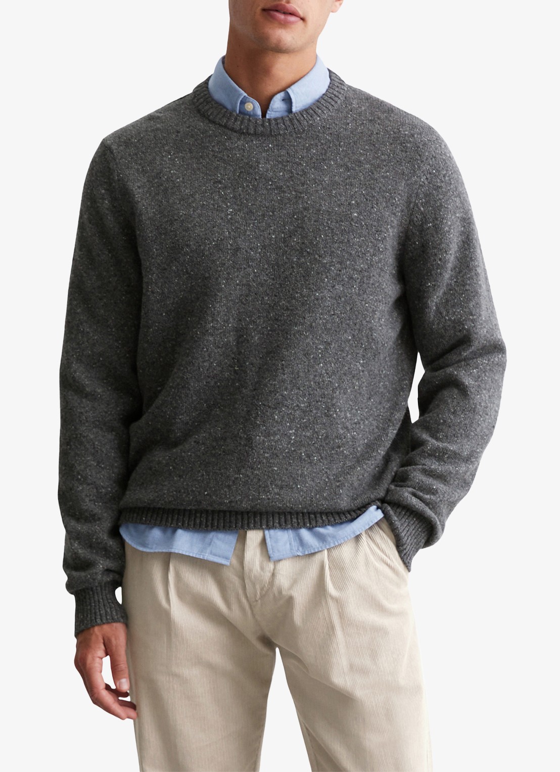 Marc O'Polo Fijngebreide pullover in wolblend met gemêleerd dessin - voorkant 5 lichtgrijs