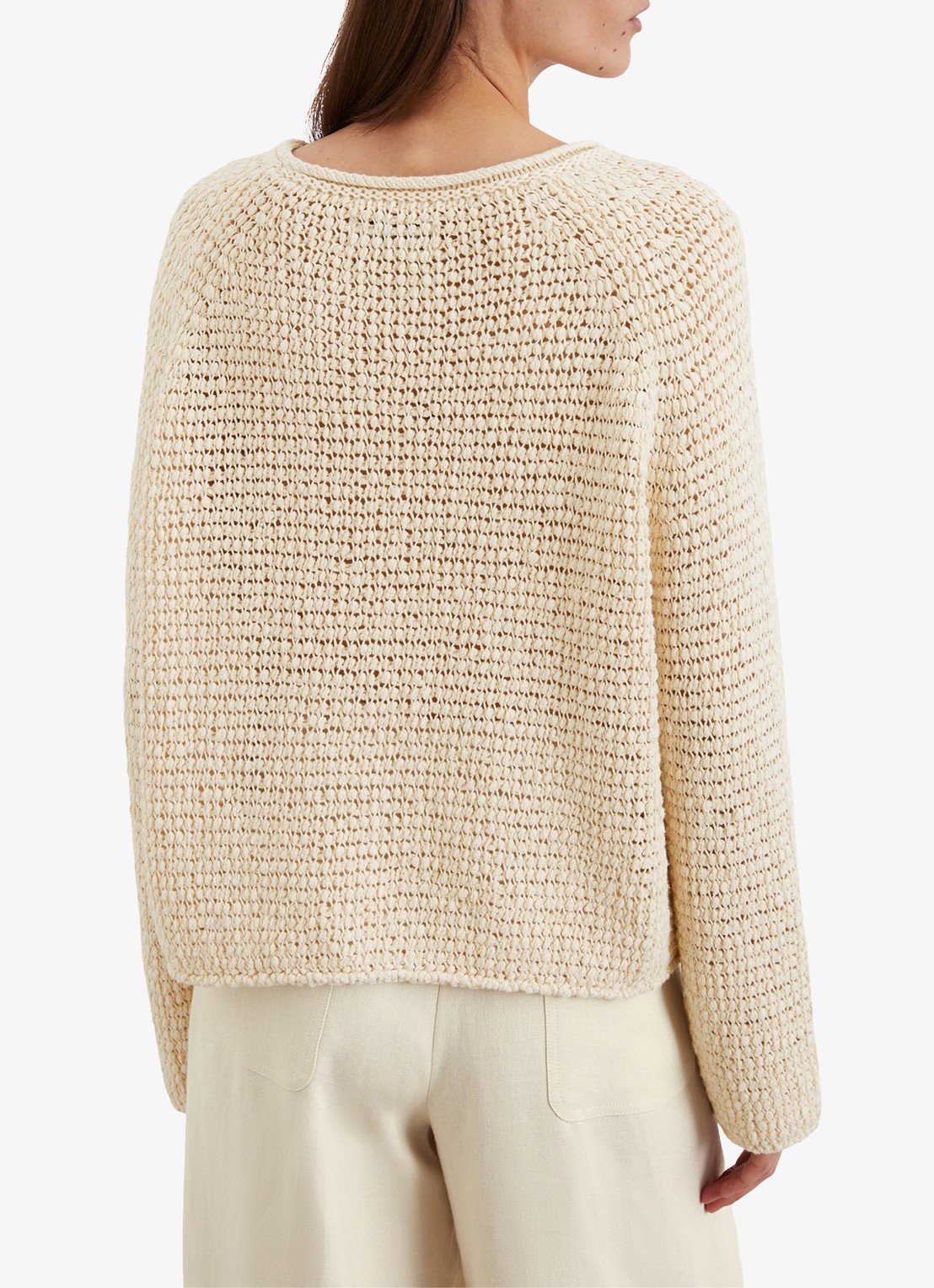 Marc O'Polo Fijngebreide pullover met opengebreid dessin - achterkant beige
