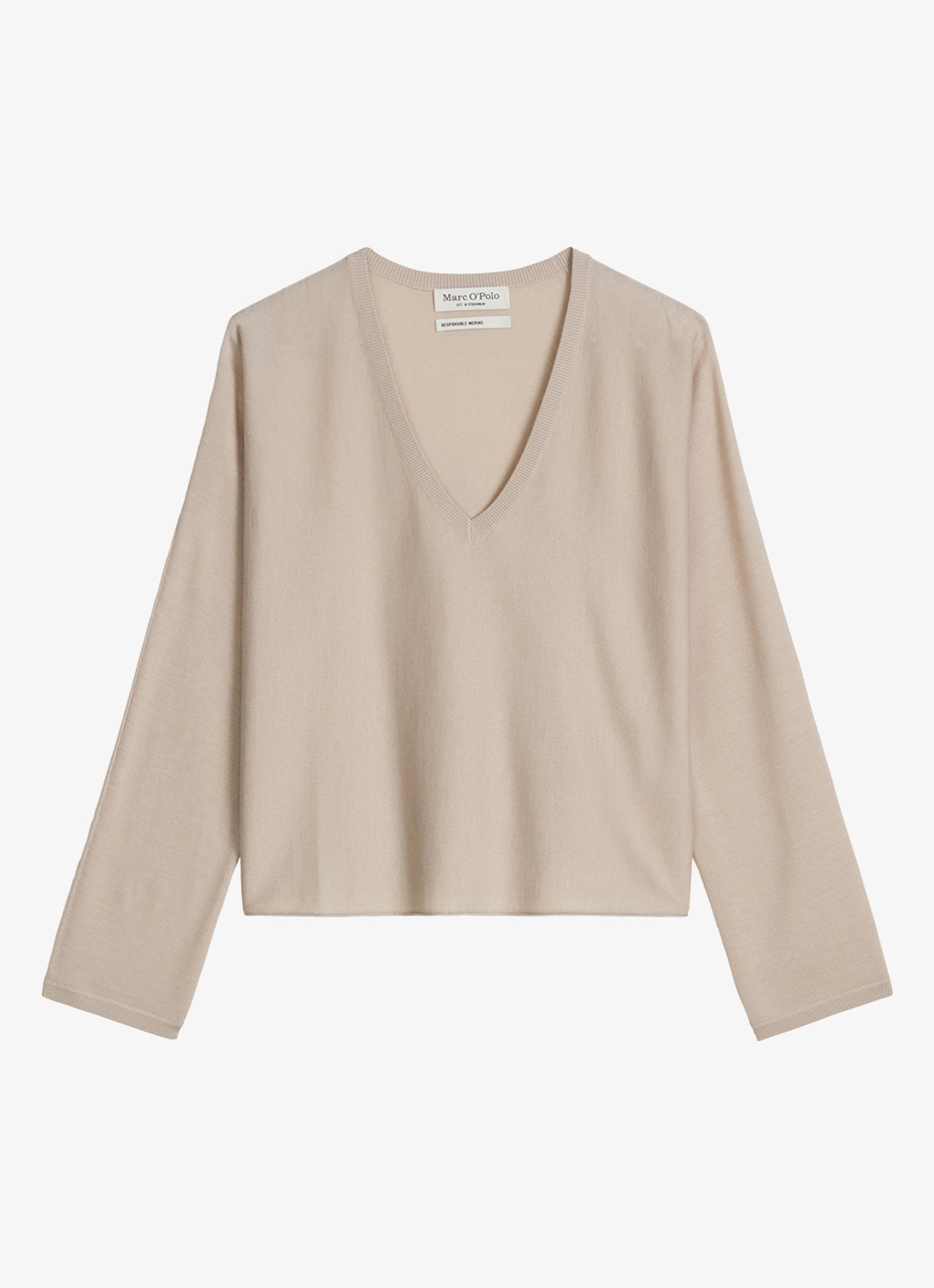 Marc O'Polo Fijngebreide trui in wolblend met V-hals - voorkant beige
