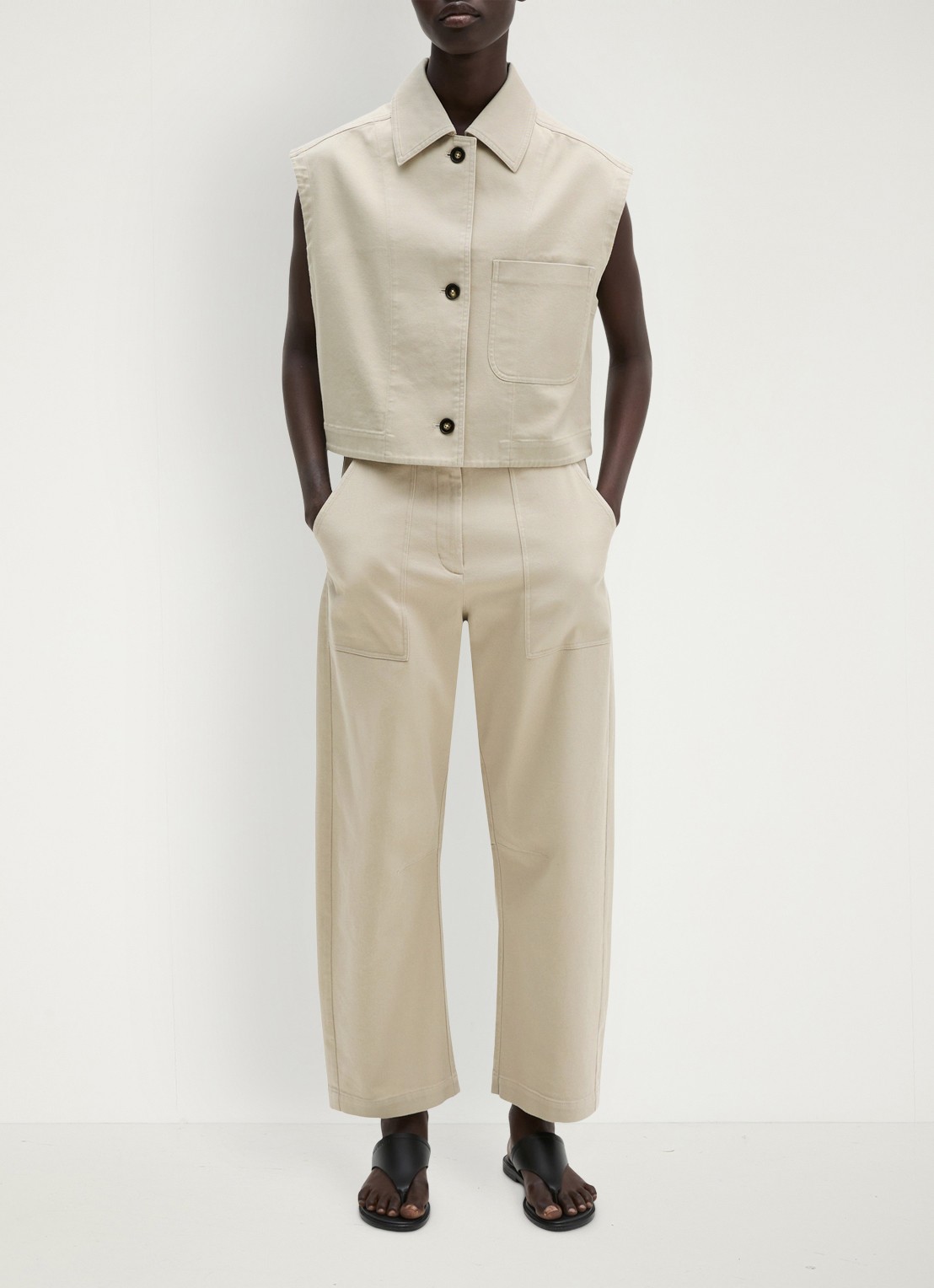 Marc O'Polo Gilet van denim met borstzak - voorkant 2 linen beige / grijs