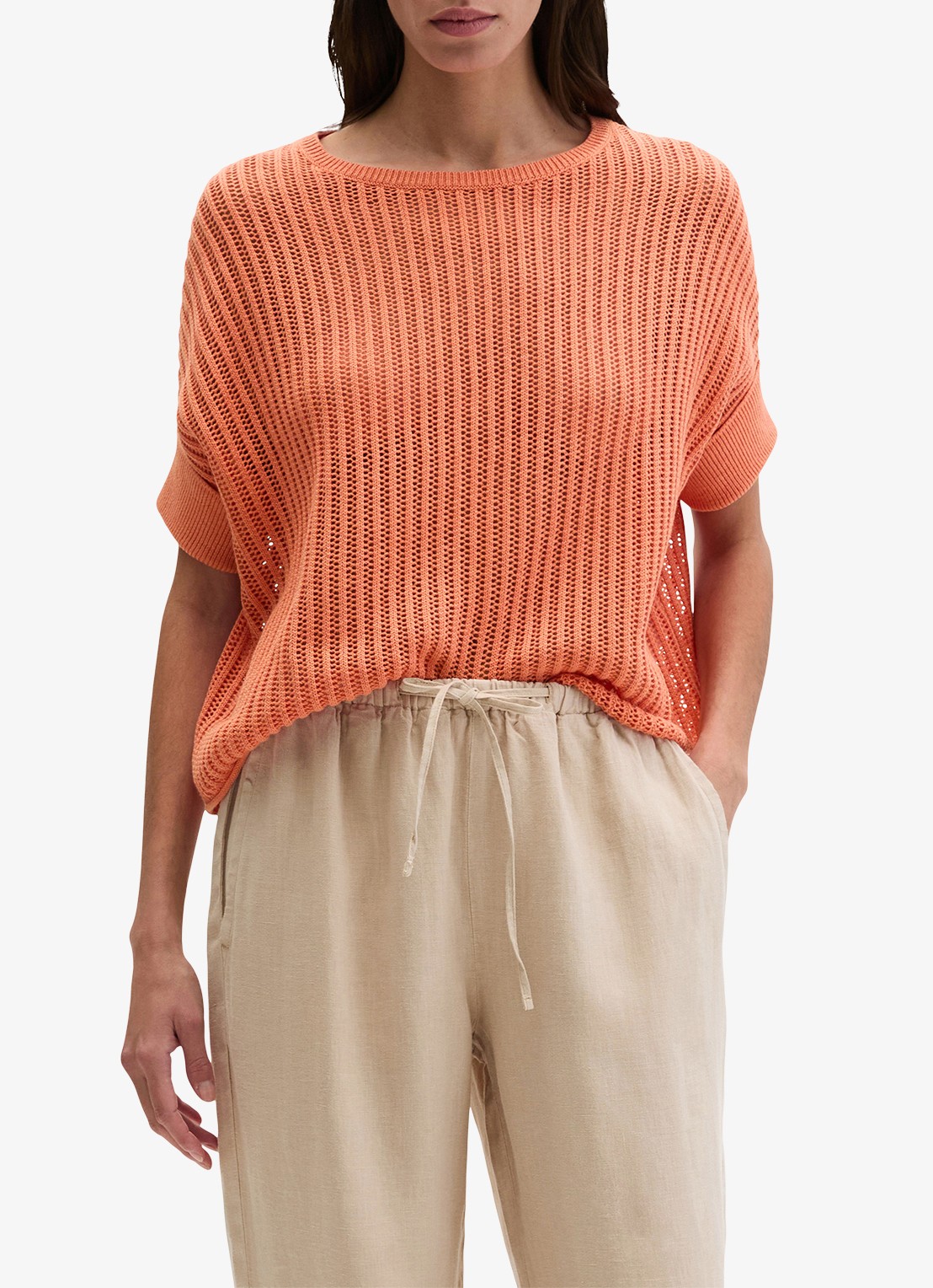 Marc O'Polo Grofgebreid trui in linnenblend met ribstructuur - detail 2 warm orange-9326 / oranje