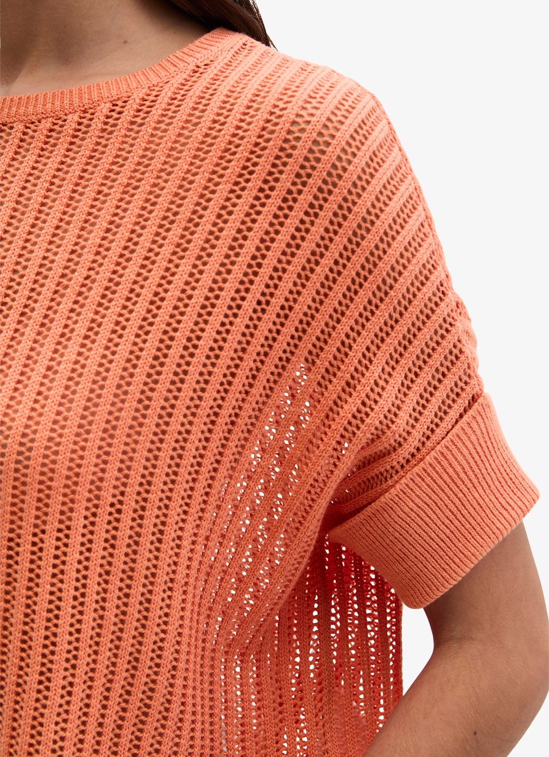 Marc O'Polo Grofgebreid trui in linnenblend met ribstructuur - detail 3 warm orange-9326 / oranje