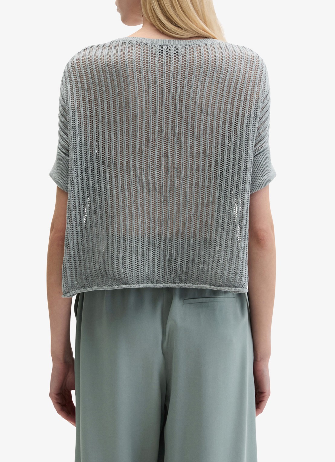 Marc O'Polo Grofgebreid trui in linnenblend met ribstructuur - achterkant quiet sea-0639 / blauw